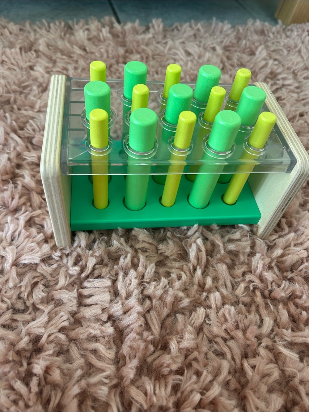 Lovevery Wood and Acrylic Green/Yellow Peg Organizer